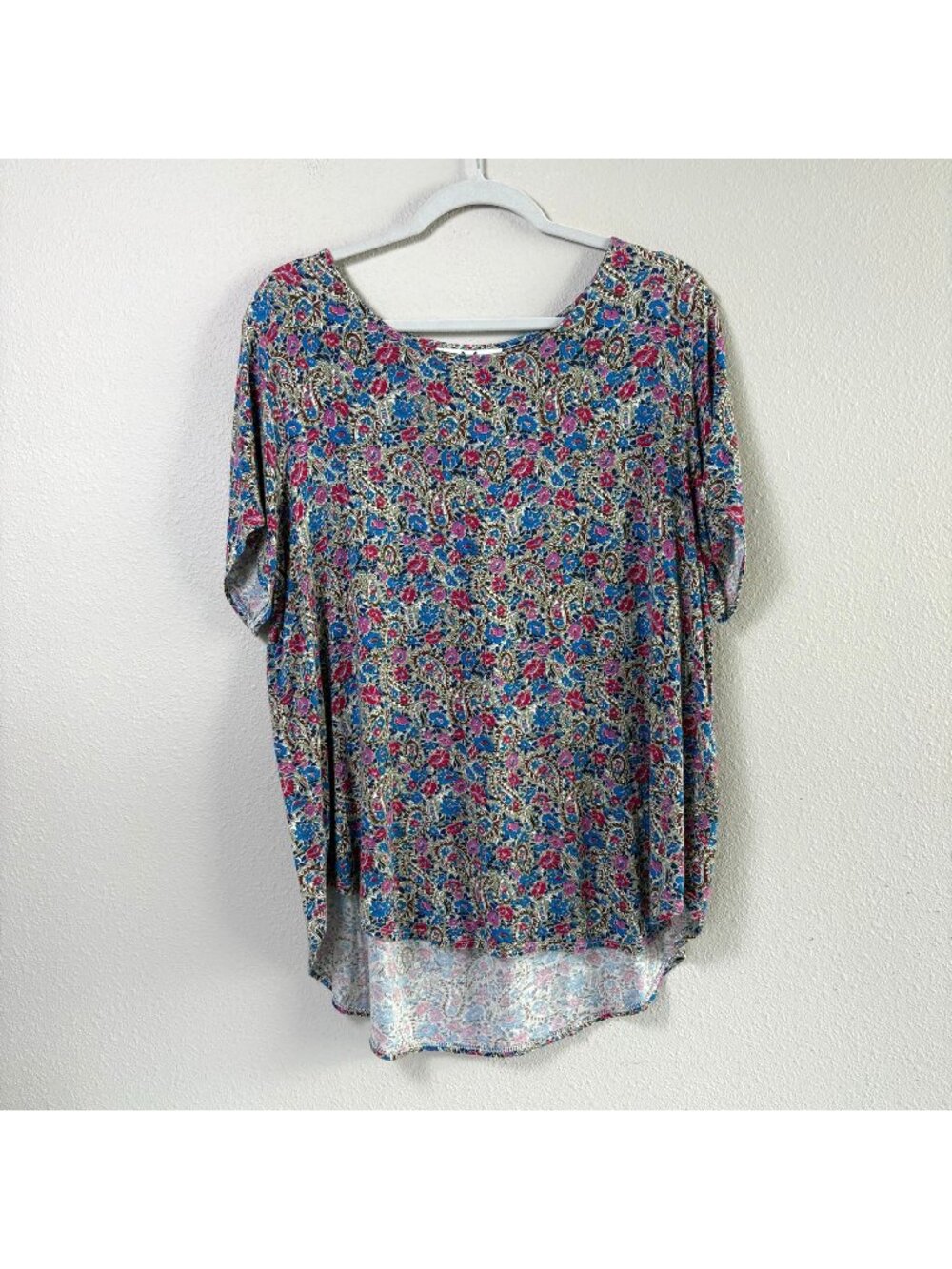 Magaschoni Top‎ Womens 1X Multicolor Floral Paisley Print Short Sleeve